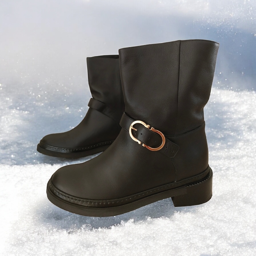 Salvatore Ferragamo Black Moto Boots with Gold Buckle